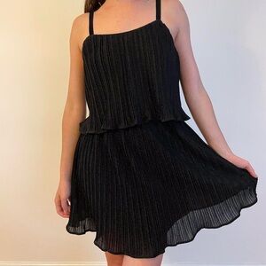 Black ruffle tiered sparkly bow shoulder anthro JOA mini dress